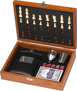 CASLA Dárková sada likérky, hracích karet a šachů v dřevěné krabičce - placatky s potiskem
