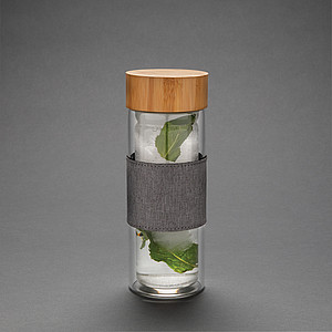 Dvoustěnná skleněná láhev s bambusovým uzávěrem Impact, transparentní