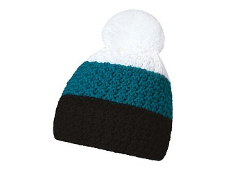 HEJDUK Tříbarevná pletená čepice s bambulkou, černá, modrá bílá - zimní čepice s vlastním potiskem