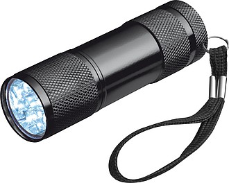 Hliníková svítilna s 9 LED, s poutkem, černá - reklamní předměty